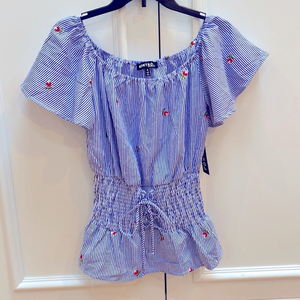NWT- Top w/ Blue and white stripes, flutter sleeves with cute details @ waist